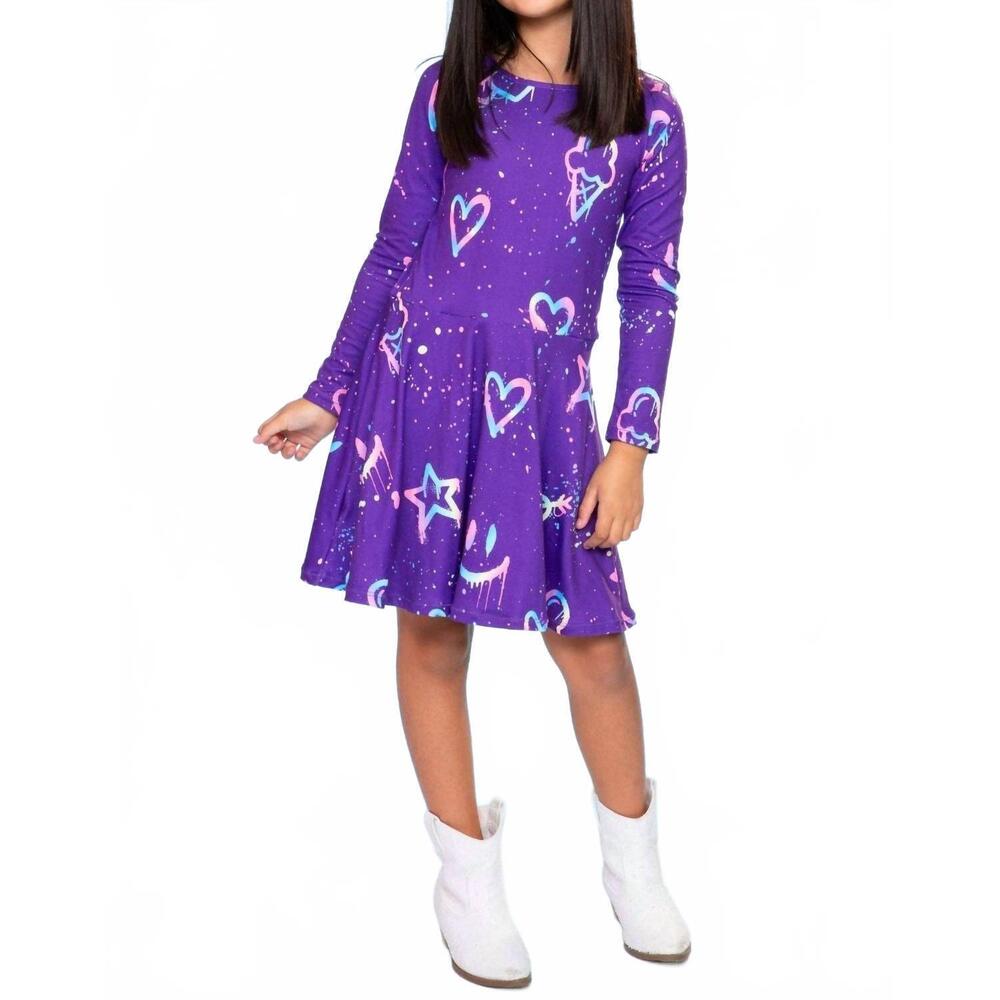 NEW PIXIE LANE graffiti rainbow simply soft skater dress in purple